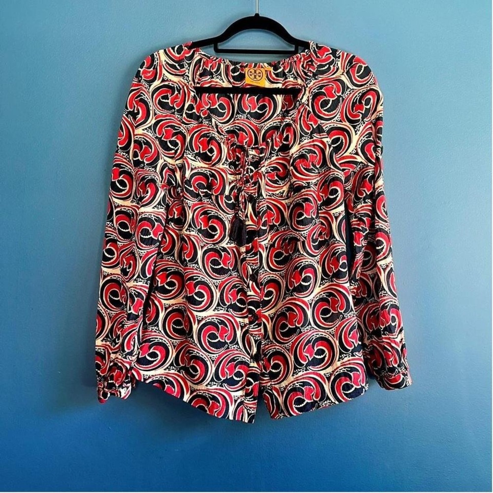 Tory Burch Swirl Print Blouse Women's Size 8 Silk Blend Red Blue Preppy Classic